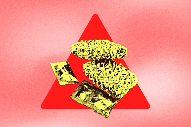 Illustration of dry noodles and flavor packets