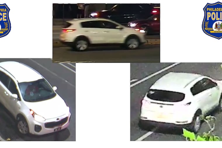 Images from surveillance video show a white 2017-19 Kia Sportage, which is now being sought by police.