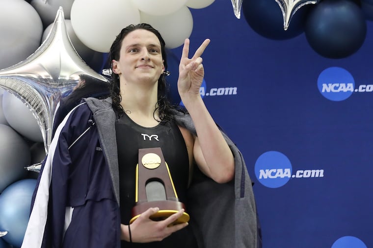 Penn's Lia Thomas celebrating her victory in the 500 freestyle at the 2022 NCAA women's swimming and diving championships in Atlanta.