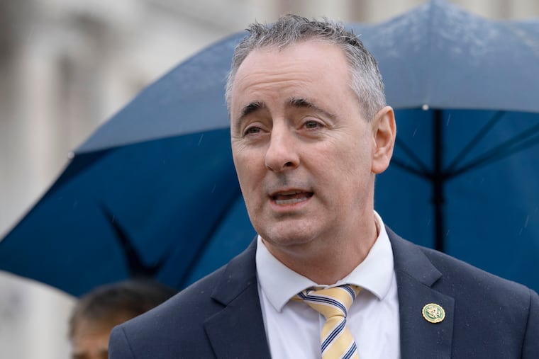 Rep. Brian Fitzpatrick, a Bucks County Republican pictured here at a 2023 news conference, is running a quiet campaign for reelection.