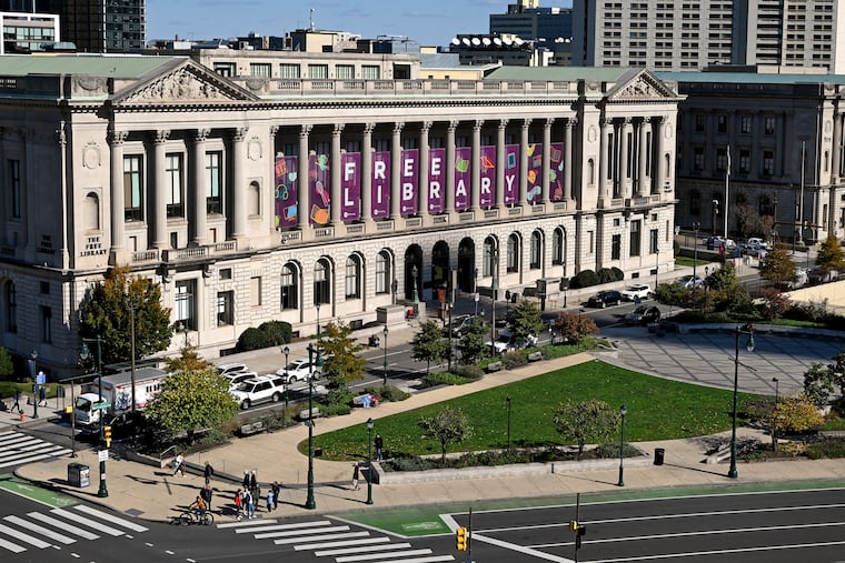 The Philadelphia Parkway Central Library with Shakespeare Park on Logan Square Nov. 2, 2023. Most of the Free Library branches are shut down because of the DC33 strike.
