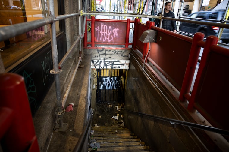An entry to the PATCO station at 15th and Locust Streets in Philadelphia, shown in March. Beginning Sept. 1 PATCO will suspend overnight train service on weekdays for deep cleaning and close station entrances.