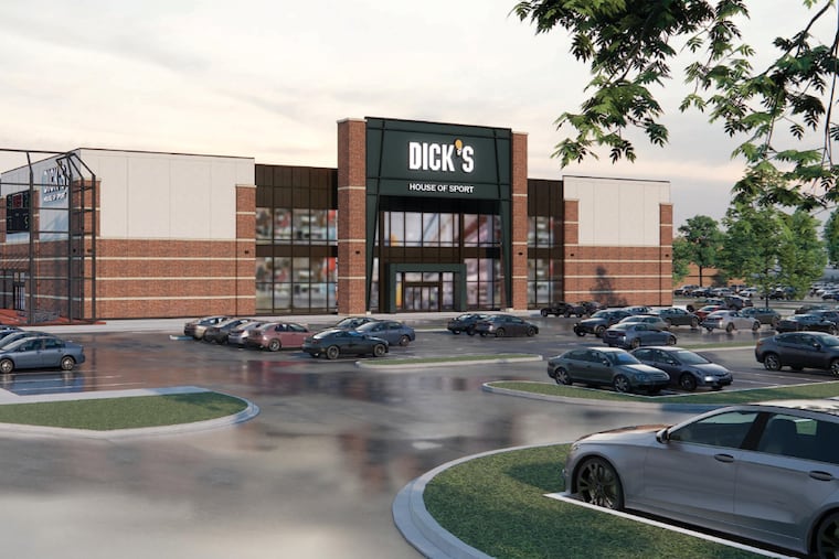 A rendering of the new Dick's House of Sport planned for Cherry Hill Mall, with the fenced-in outdoor track and field area. It will also have a climbing wall, golf simulators, and batting and soccer cages.