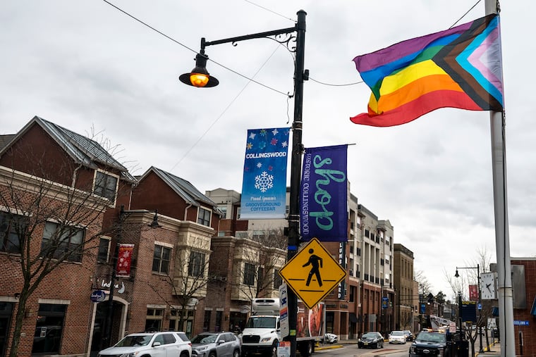 A Pride flag is flown in downtown Collingswood “celebrating the LGBTQIA+ community” in March 2024.