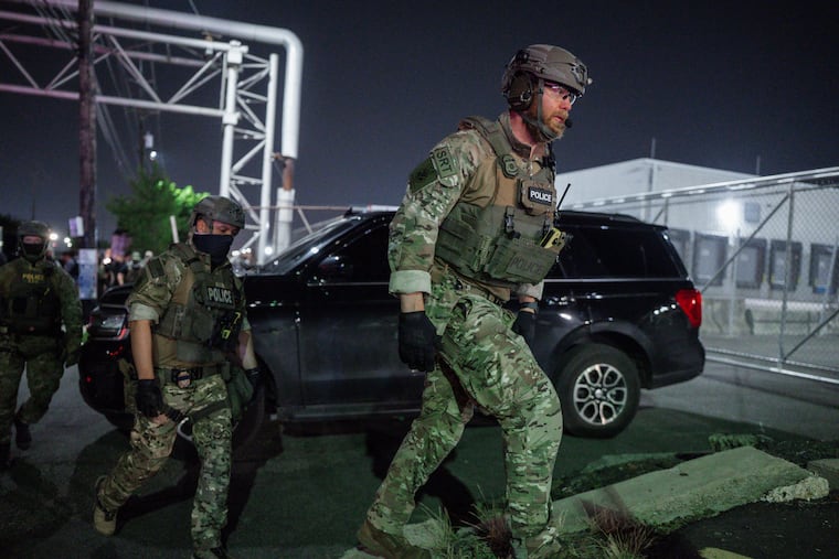 A Special Response Team (SRT) with Immigration And Customs Enforcement (ICE) arrives at the Delaney Hall Detention Facility during a protest over federal immigration enforcement raids on Thursday, June 12, 2025, in Newark, N.J.
