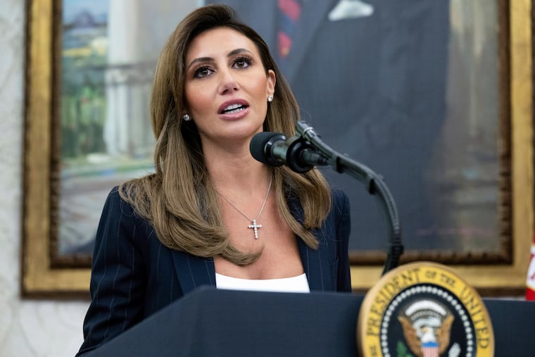 Alina Habba speaks after being sworn in as interim U.S. Attorney General for New Jersey, in the Oval Office of the White House in Washington, on March 28, 2025.