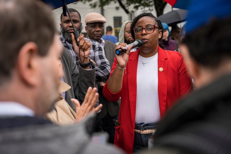 U.S. Rep. LaMonica McIver (D-N.J.) demands the release of Newark Mayor Ras Baraka after his arrest while protesting outside an ICE detention center on May 9, 2025, in Newark, N.J.