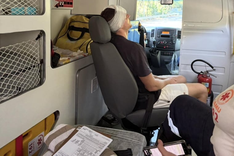 After getting hit by his car’s hatch door, the author is transported to a public hospital in an ambulance. MUST CREDIT: Emily Codik/The Washington Post