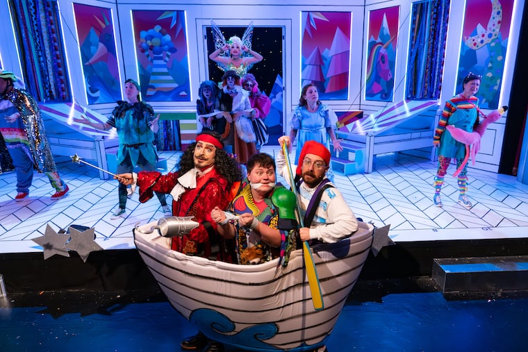 Rob Tucker, Eli Lynn, Jamison Stern, Anna Faye Lieberman, Mary Elizabeth Scallen, Courter Simmons, Tiara Whaley, Page Whitman, Liz Filios, Connor McAndrews, and Susan McKey in People's Light's "Peter Panto."