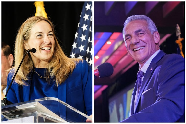 New Jersey governor candidate Mikie Sherrill (left) and Jack Ciattarelli at their primary election night events.