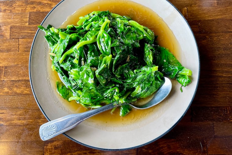 Snow pea leaves are among the most prized of Asian greens, quickly blanched then fried in a hot wok at Dim Sum Mania in Media.