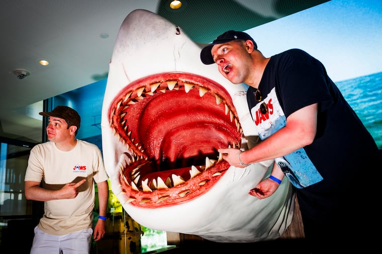 Dan and Steve Perrault pose for a photo during the “Jaws” 50th anniversary event at Martha’s Vineyard Museum on June 22.