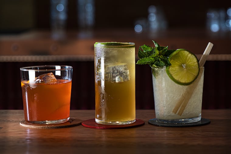 Mexico City-inspired cocktails, Amaro Sour, left, Paloma and Brunt Tortilla Mai Tai are shown at Milpa, the nightside cocktail operation of Tequilas sister establishment at La Jefa in Philadelphia. June 25, 2025.