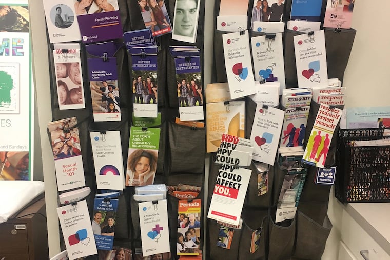 Pamphlets about sexually transmitted infections and preventing pregnancy on display at nonprofit in Dallas, Texas, to advocate for sexual health and education. 