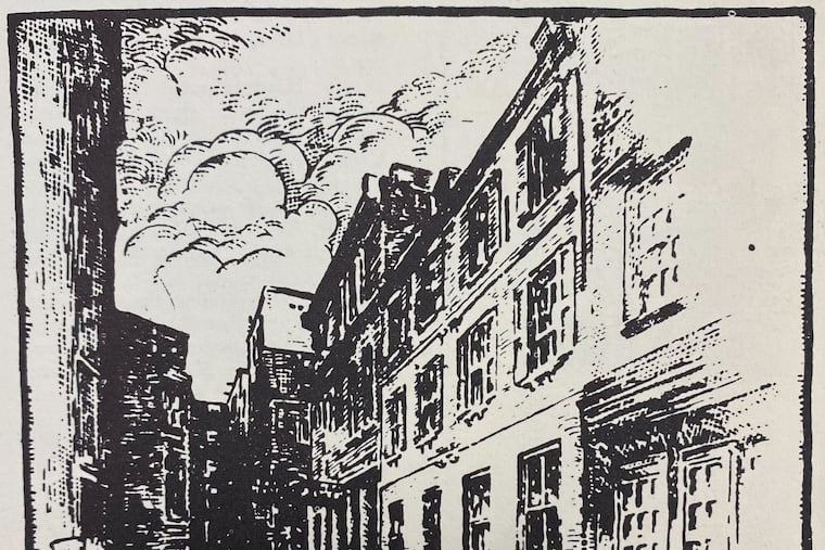 Artist rendering of No. 5 Bank Alley, which is now Moravian Street, in 1829. It's where the first edition of The Inquirer was printed. The sketch was published in "The Philadelphia Inquirer: The Story of the Inquirer 1829 to the Present" in 1956.