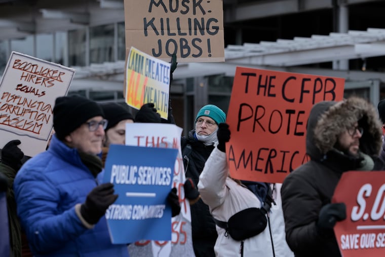 Protesters gathered at Independence Mall in Philadelphia during the Save Our Services day of action event on Feb. 19, 2025. Many local federal employees were affected by President Donald Trump's executive order on March 27 to remove collective bargaining agreements.