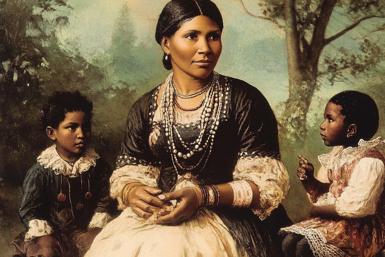 1838 Black Metropolis' Morgan Lloyd wanted to render Dinah Nevil in a way that aligns with her Leni Lenape heritage with deep roots in New Jersey. She fed late 18th- and 19th-century photos of Leni Lenape women into AI in order to generate an image of Dinah Nevil that reflected her ancestry.