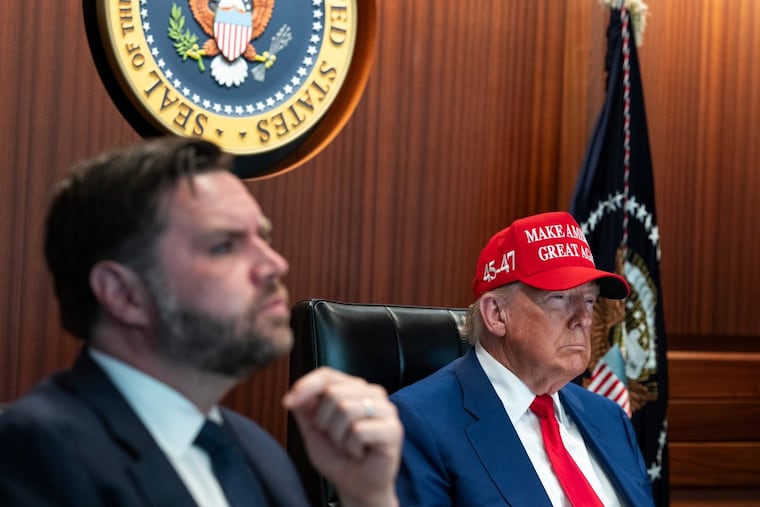 In this image provided by the White House, President Donald Trump and Vice President JD Vance sit in the Situation Room on Saturday at the White House.
