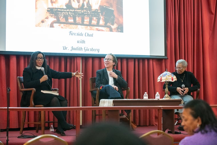 The Rev. Carolyn Cavaness (from left), Villanova professor Judith Giesberg, and Mother Bethel A.M.E. archivist Margaret Jerrido speak at a panel about Giesberg’s new book “Last Seen” at Mother Bethel A.M.E. Church in Philadelphia on Sunday, Jan. 26, 2025. Giesberg partnered with Jerrido to use the church’s archive to contribute to the book about the stories of formerly enslaved people looking for lost family members.